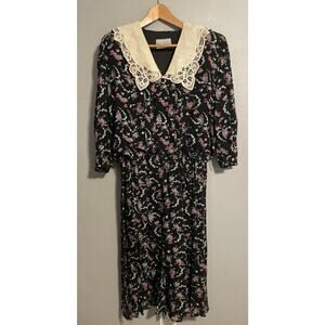 Vintage Liz Roberts Dress Womens 16 Black Floral Lace Collar Midi Prairie 80s